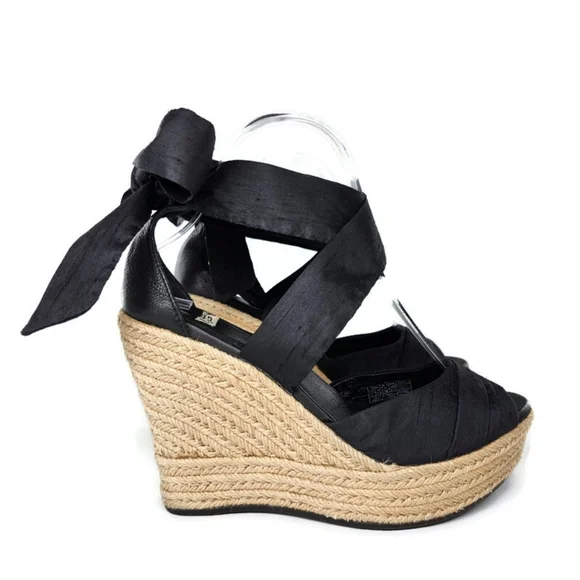 UGG Lucianna Black Ribbon Ankle Wrap Tie Peep-Toe Braid Jute Wedge Heel Sandals - Picture 4 of 11